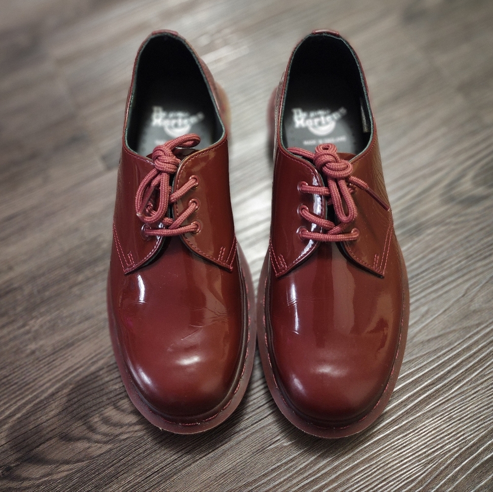 Dr. Martens Made In England mono oxblood red patent leather 1461 3-eye women's 8